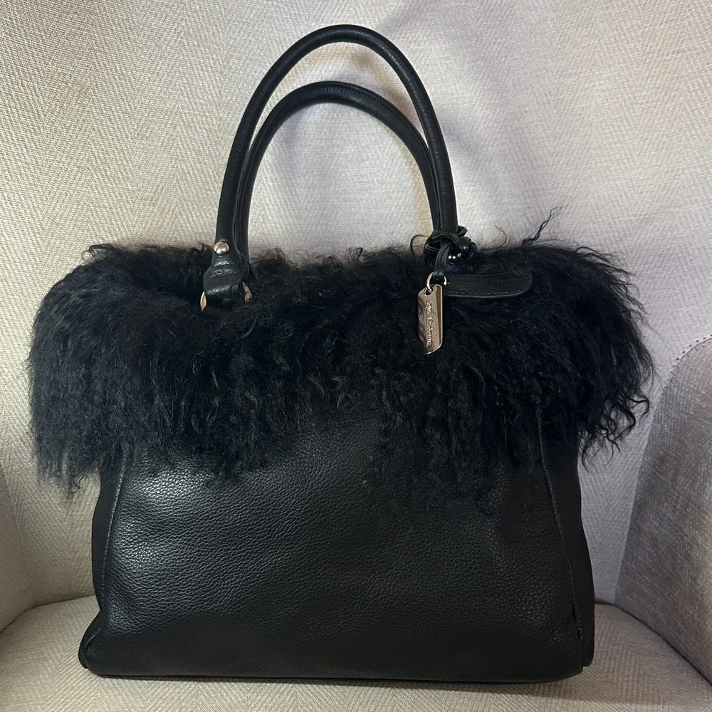 Aqua Madonna Elegant Black Satchel with Plush Fur Trim